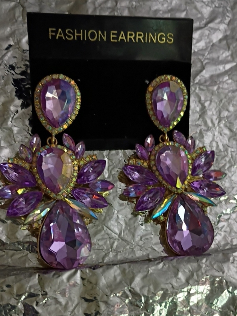 Gold-Tone Purple Crystal Drop Earrings